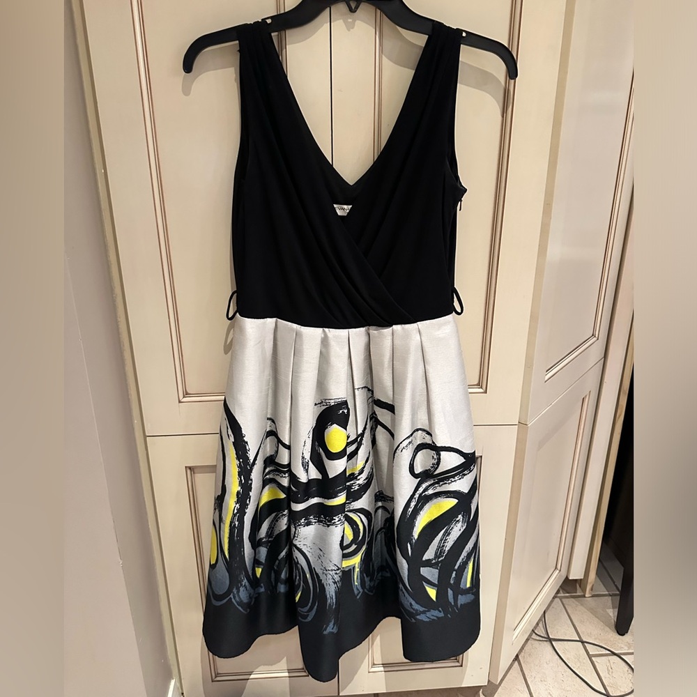 Evan Picone Black and White Midi Dress with Yellow Accents